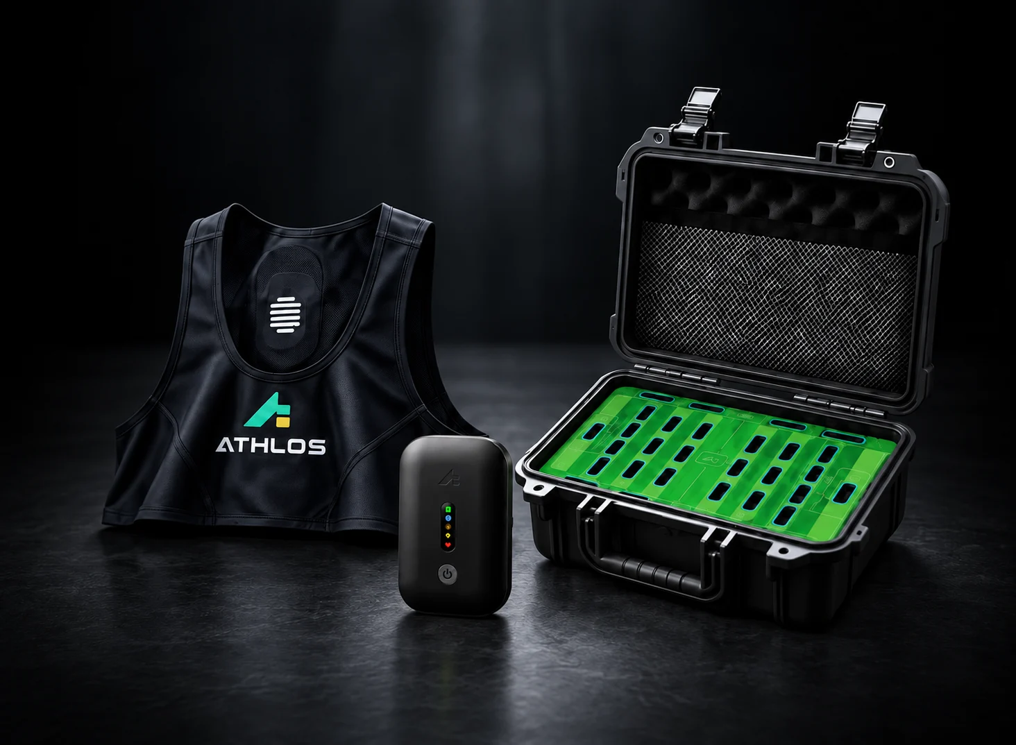 ATHLOS wearable vests, tracking units and team charging case