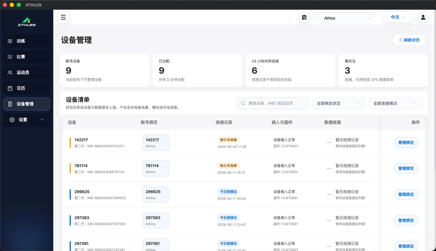 上场前核对设备与账号绑定。连接记录不等于实时在线，电量和佩戴仍需现场检查。